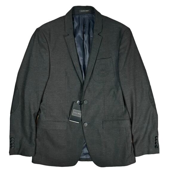Zara Man (40) Premium Collection Sport Coat Blazer Elbow Patches Crest Pocket - Picture 3 of 16